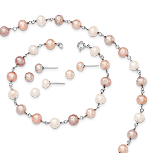 Stella Silver Jewelry Set - 925 Sterling Silver Rhodium-Plate White/Pink/Purple Freshwater Cultured Pearl Necklace, Bracelet & Earring Set
