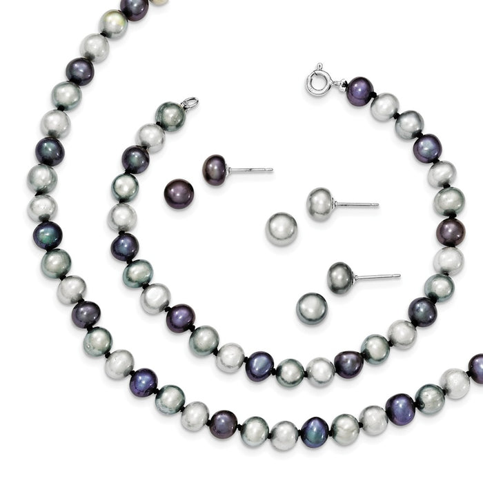Stella Silver Jewelry Set - 925 Sterling Silver Rhodium Freshwater Cultured Pearl Necklace 7.25 Brace & 3pc Earring Set