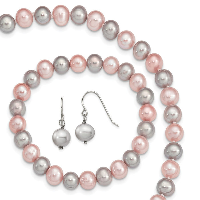 Stella Silver Jewelry Set - 925 Sterling Silver Pink/Grey 7-8mm Freshwater Cultured Potato Pearl 3 Piece Gift Set