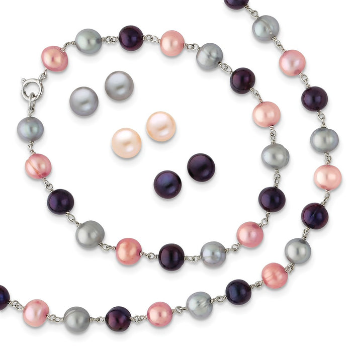 Stella Silver Jewelry Set - 925 Sterling Silver Rhodium-Plate Grey/Pink/Black Freshwater Cultured Pearl Necklace 7.25 Brace & 3pc Earring