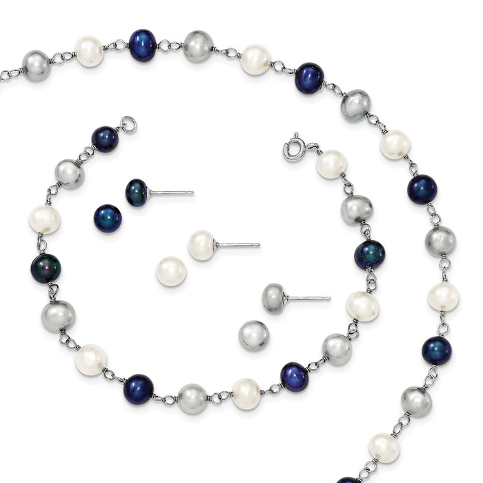 Stella Silver Jewelry Set - 925 Sterling Silver Rhodium Freshwater Cultured Pearl Necklace, Bracelet & 3pc Earring Set