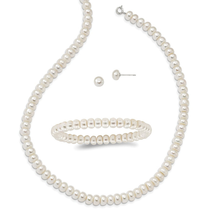 Stella Silver Jewelry Set - 925 Sterling Silver White 6-7mm 3 piece Freshwater Cultured Pearl Necklace, Earrings, Bracelet Set