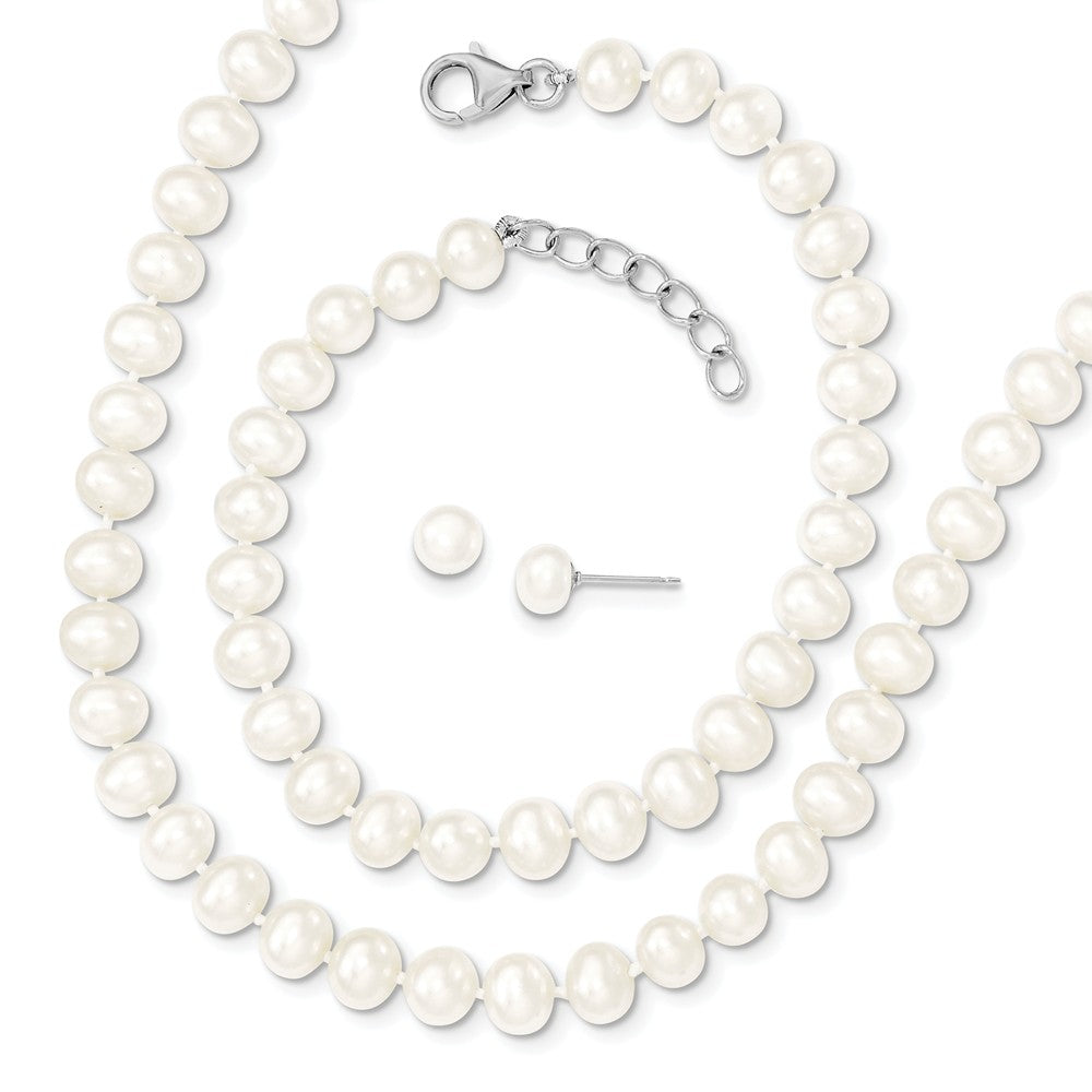 Stella Silver Jewelry Set - 925 Sterling Silver Rhodium-Plate 6-7mm Freshwater Cultured Pearl 18/2 Necklace 7/1 Brace & Earring Set