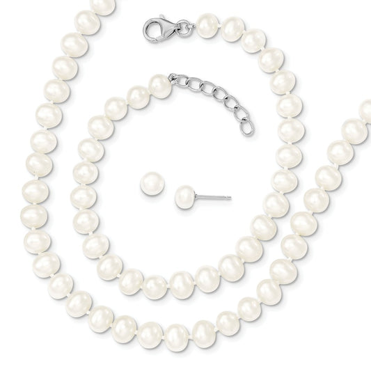Stella Silver Jewelry Set - 925 Sterling Silver Rhodium-Plate 6-7mm Freshwater Cultured Pearl 18/2 Necklace 7/1 Brace & Earring Set