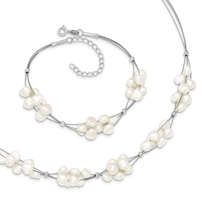 Stella Silver Jewelry Set - 925 Sterling Silver Freshwater Cultured Pearls 7.75/2 ext Brace 18/2 ext Necklace Set