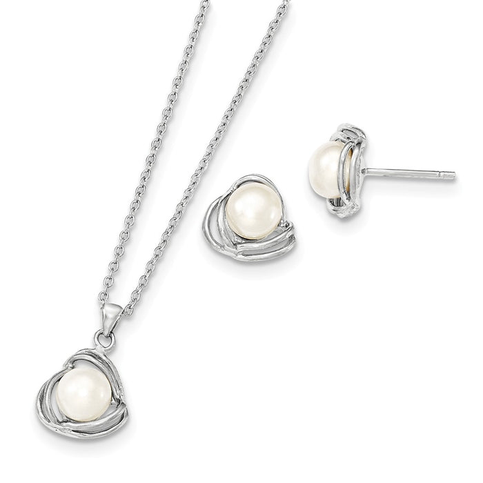 Stella Silver Jewelry Set - 925 Sterling Silver Rhodium 6-7mm White Freshwater Cultured Pearl Necklace & Earring Set