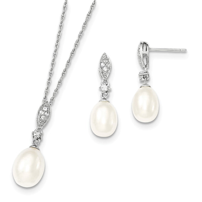 Stella Silver Jewelry Set - 925 Sterling Silver Rhodium 8-9mm White Freshwater Cultured Pearl Cubic Zirconia ( CZ ) Necklace & Earring Set
