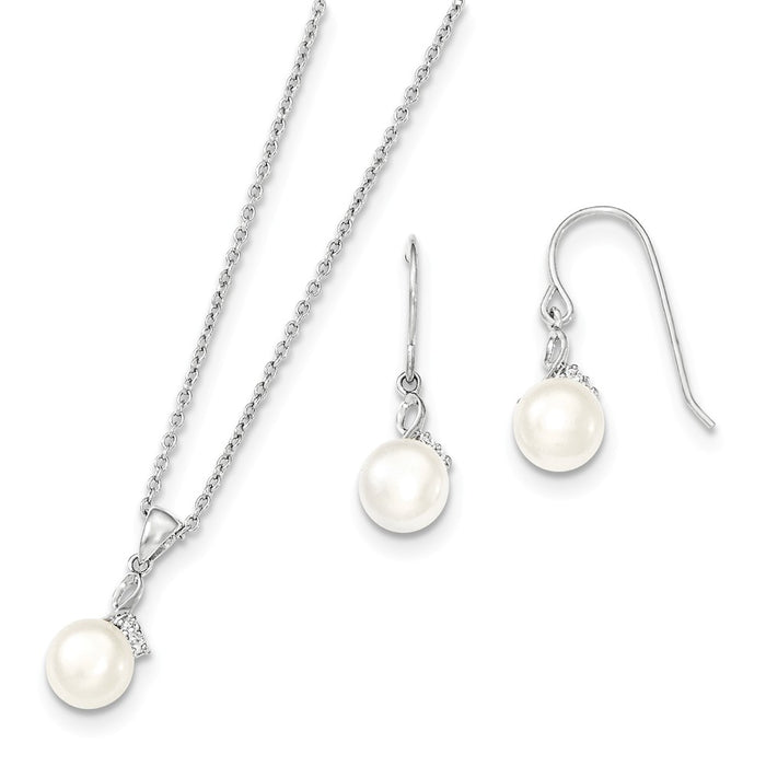 Stella Silver Jewelry Set - 925 Sterling Silver Rhodium 7-8mm White Freshwater Cultured Pearl Cubic Zirconia ( CZ ) Necklace & Earring Set