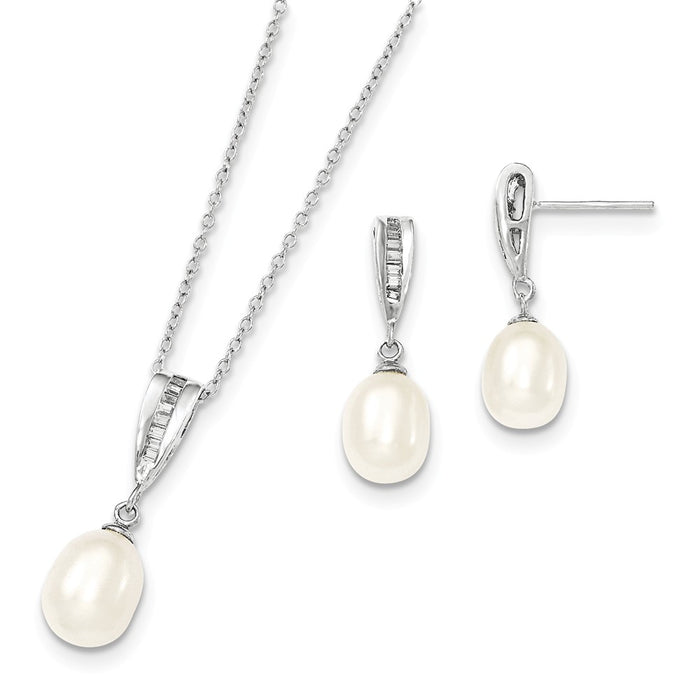Stella Silver Jewelry Set - 925 Sterling Silver Rhodium 7-8mm White Freshwater Cultured Pearl Cubic Zirconia ( CZ ) Necklace & Earring Set