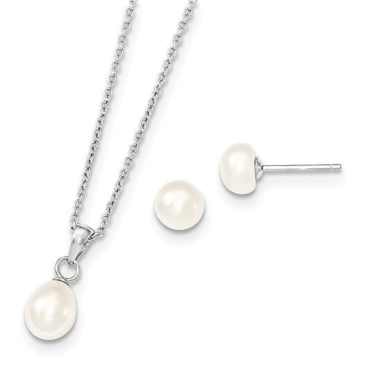 Stella Silver Jewelry Set - 925 Sterling Silver Rhodium-plated Freshwater Cultured Pearl Necklace & Stud Earring Set