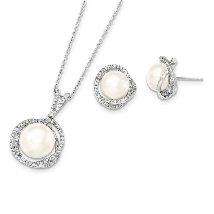 Stella Silver Jewelry Set - 925 Sterling Silver Rhodium 10-12mm White Freshwater Cultured Pearl Cubic Zirconia ( CZ ) Necklace & Earring Set