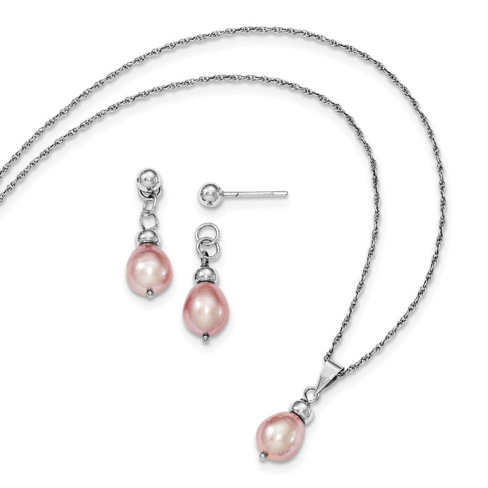Stella Silver Jewelry Set - 925 Sterling Silver 7-8mm Freshwater Cultured Pink Pearl Necklace & Earring Boxed Set
