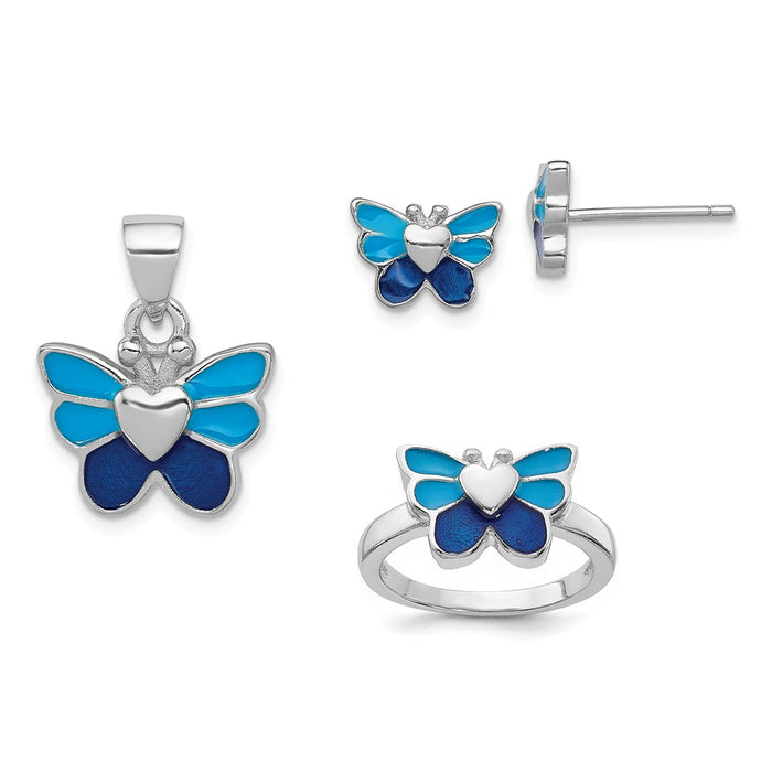 Stella Silver Jewelry Set - 925 Sterling Silver Rhodium Butterfly Children's Earring, Ring & Pendant Set