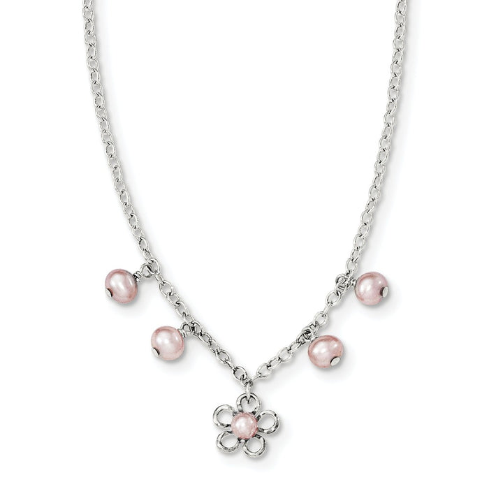 Million Charms 925 Sterling Silver Madi K Pink FW Cultured Pearl w/Flower Necklace, Chain Length: 14 inches