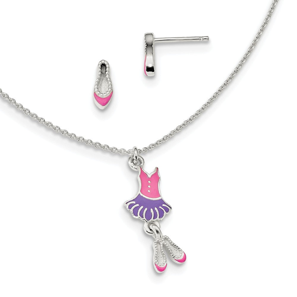 Stella Silver Jewelry Set - 925 Sterling Silver Polished Enameled Ballerina 14in Necklace & Earring Set