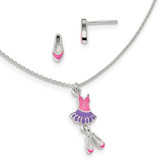 Stella Silver Jewelry Set - 925 Sterling Silver Polished Enameled Ballerina 14in Necklace & Earring Set