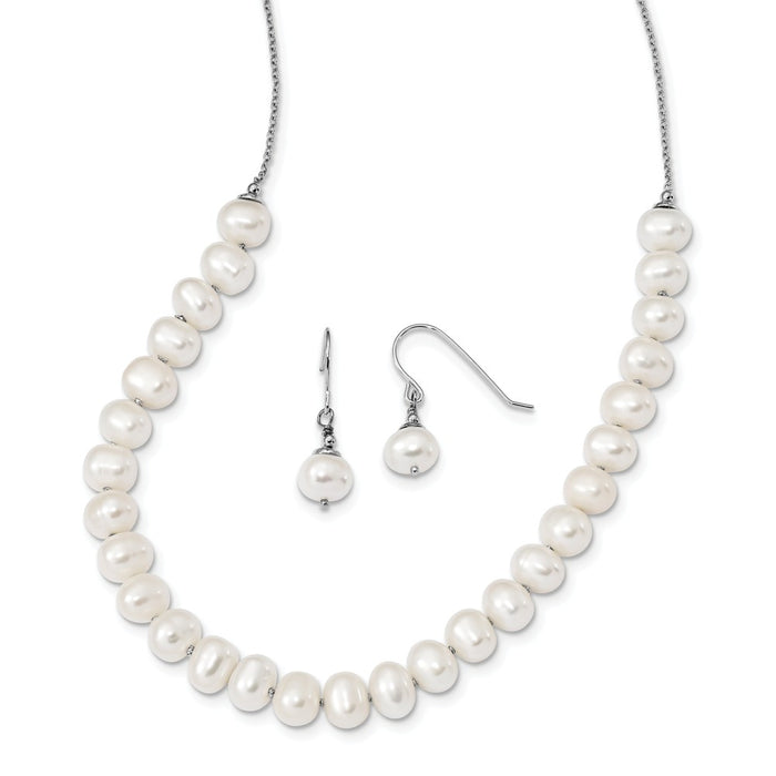 Stella Silver Jewelry Set - 925 Sterling Silver Rhodium-Plate 7-8mm White Freshwater Cultured Pearl Earring & Necklace Set