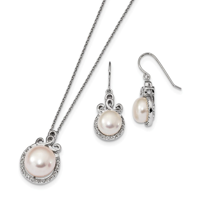 Stella Silver Jewelry Set - 925 Sterling Silver Rhodium-Plate 9-13mm Freshwater Cultured Pearl Cubic Zirconia ( CZ ) Earring and Necklace Set