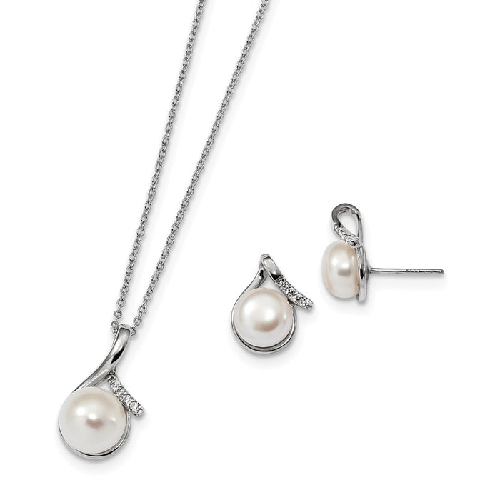 Stella Silver Jewelry Set - 925 Sterling Silver Rh8-10mm White Freshwater Cultured Pearl Cubic Zirconia ( CZ ) Earring Necklace Set