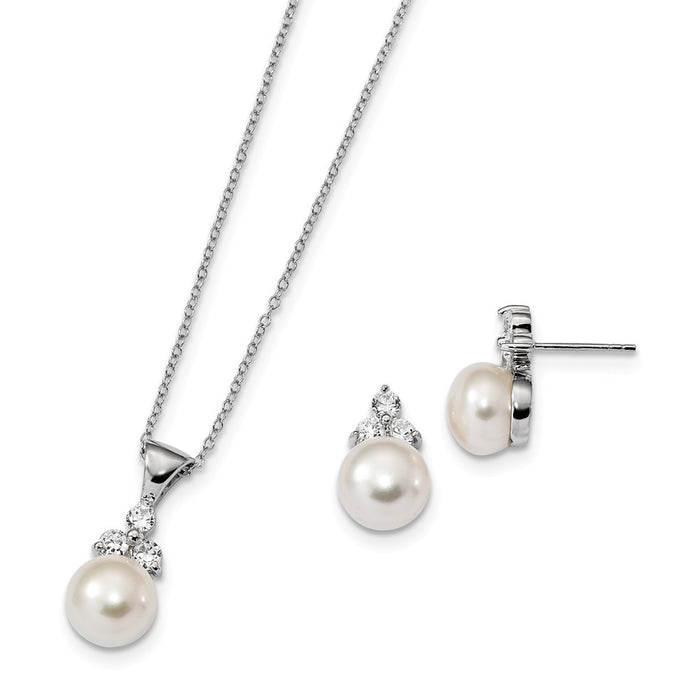 Stella Silver Jewelry Set - 925 Sterling Silver Rhodium-Plate 9-10mm Coin Freshwater Cultured Pearl Cubic Zirconia ( CZ ) Earring & Necklace Set