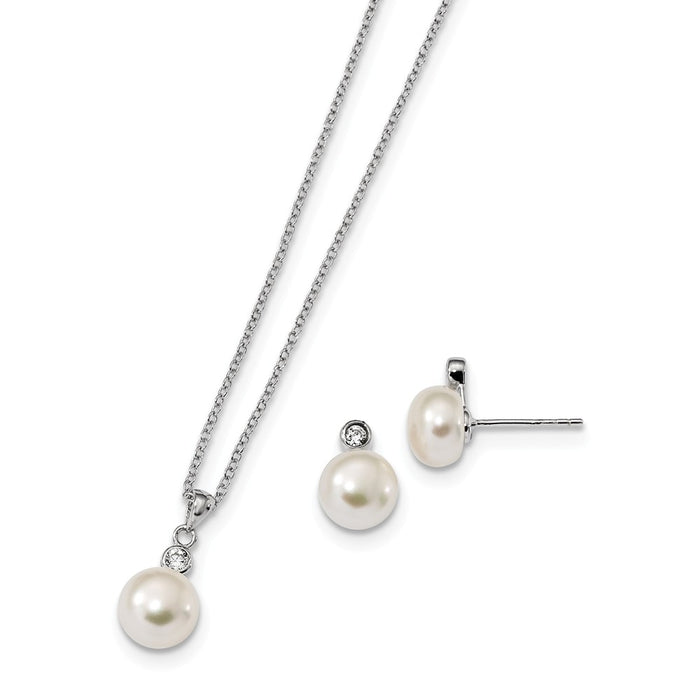 Stella Silver Jewelry Set - 925 Sterling Silver Rhodium-Plate 8-9mm Freshwater Cultured Pearl Cubic Zirconia ( CZ ) Earring & Necklace Set