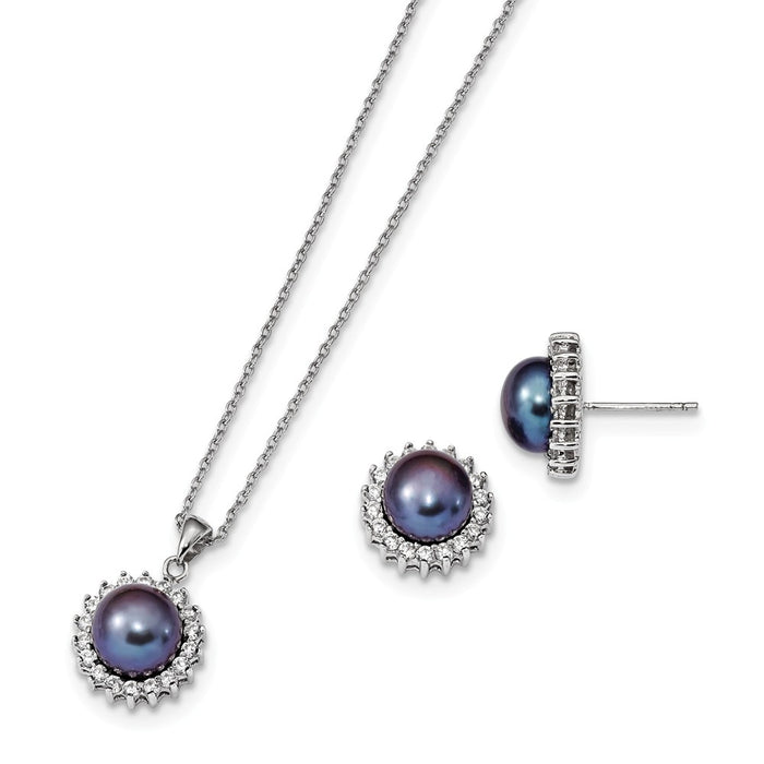 Stella Silver Jewelry Set - 925 Sterling Silver Rhodium-Plate 8-9mm Black Freshwater Cultured Pearl Earring & Necklace Set
