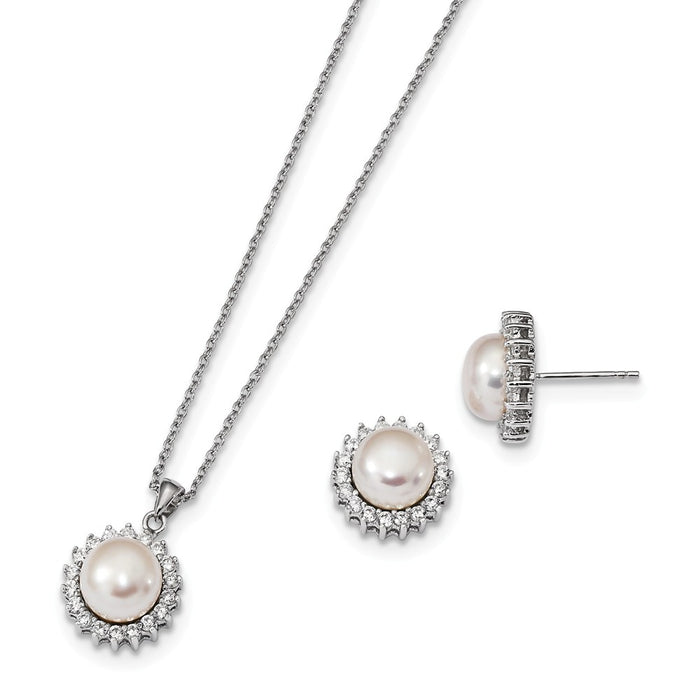Stella Silver Jewelry Set - 925 Sterling Silver Rhodium-Plate 8-9mm White Freshwater Cultured Pearl Cubic Zirconia ( CZ ) Earring & Necklace Set
