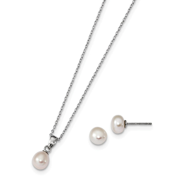 Stella Silver Jewelry Set - 925 Sterling Silver Rhodium-Plate 6.7mm White Freshwater Cultured Pearl Earring & Necklace Set