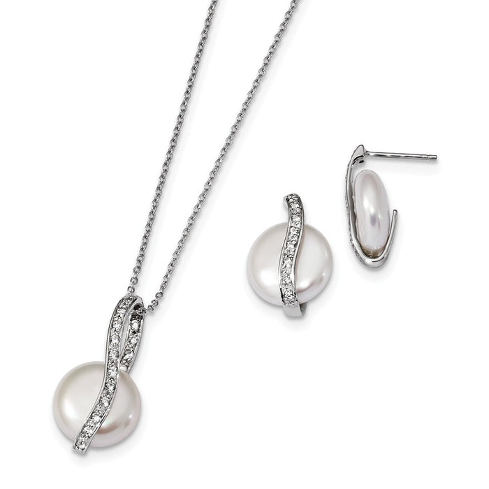 Stella Silver Jewelry Set - 925 Sterling Silver Rhodium-Plate 13-14mm Coin Freshwater Cultured Pearl Earring Necklace Set