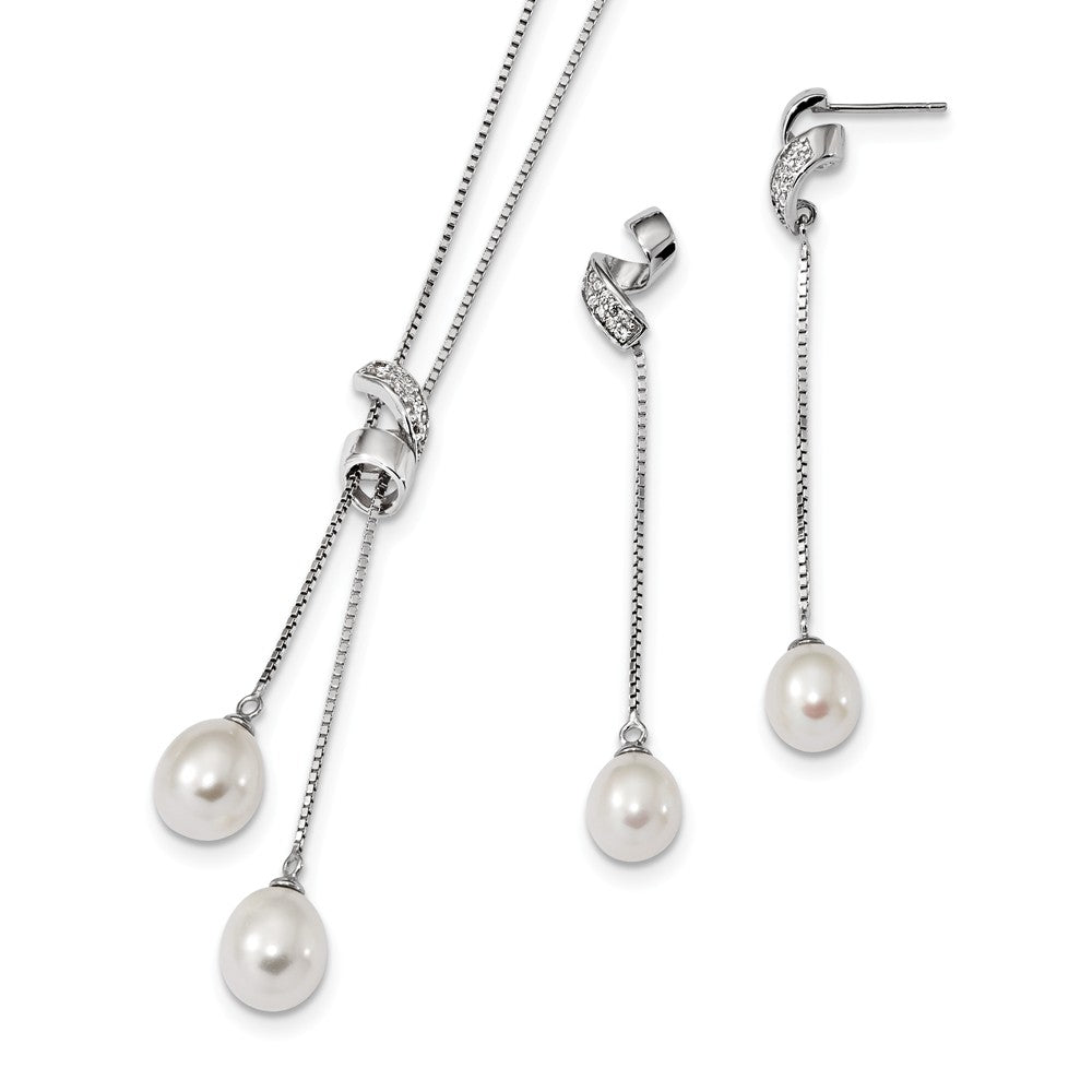 Stella Silver Jewelry Set - 925 Sterling Silver Rhodium-Plate 7-9mm White Freshwater Cultured Pearl Cubic Zirconia ( CZ ) Earring Necklace Set