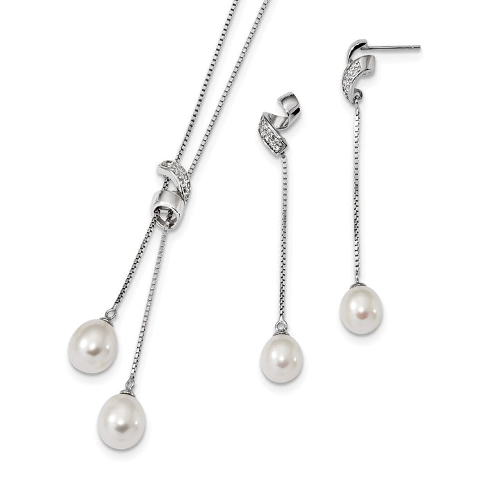 Stella Silver Jewelry Set - 925 Sterling Silver Rhodium-Plate 7-9mm White Freshwater Cultured Pearl Cubic Zirconia ( CZ ) Earring Necklace Set