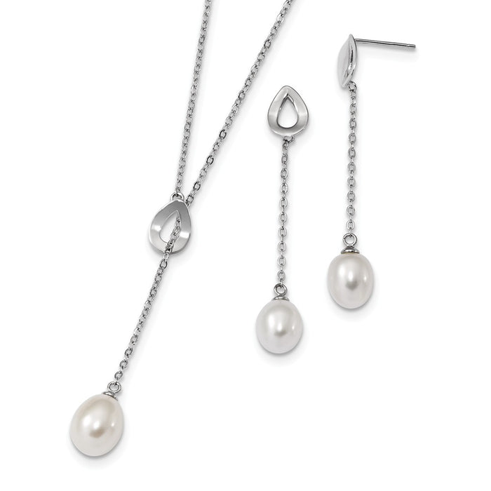 Stella Silver Jewelry Set - 925 Sterling Silver Rhodium-Plate 7-9mm White Freshwater Cultured Pearl Earring Adj. Necklace Set