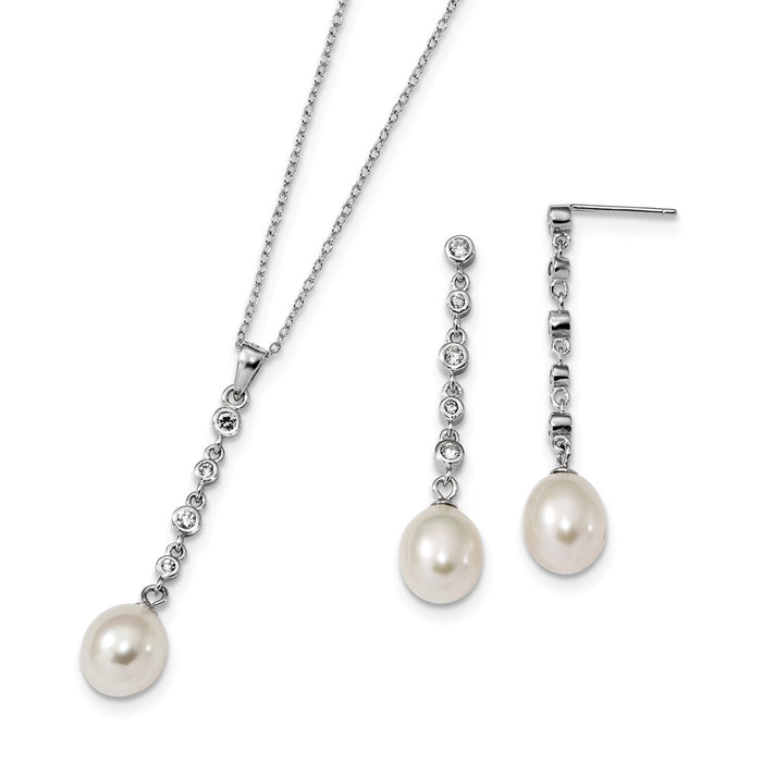 Stella Silver Jewelry Set - 925 Sterling Silver Rhodium-Plate 8-9mm White Freshwater Cultured Pearl Cubic Zirconia ( CZ ) Earring Necklace Set