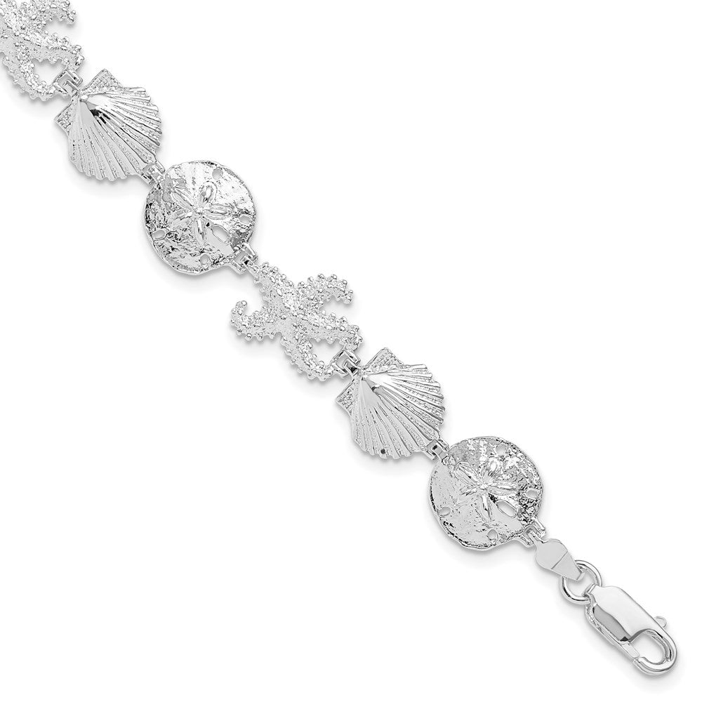 Million Charms 925 Sterling Silver Starfish, Shell & Sand Dollar Charm Link Bracelet, 7.25" Length
