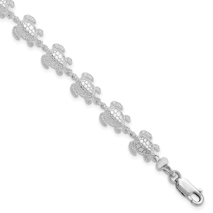Million Charms 925 Sterling Silver Sea Turtle Charm Link Bracelet, 7.5" Length, High Polish & Textured