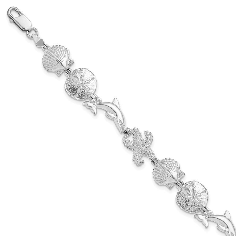 Million Charms 925 Sterling Silver Sea Life Nautical Shell, Sand Dollar, Dolphin & Starfish Charm Bracelet, 7.25" Length