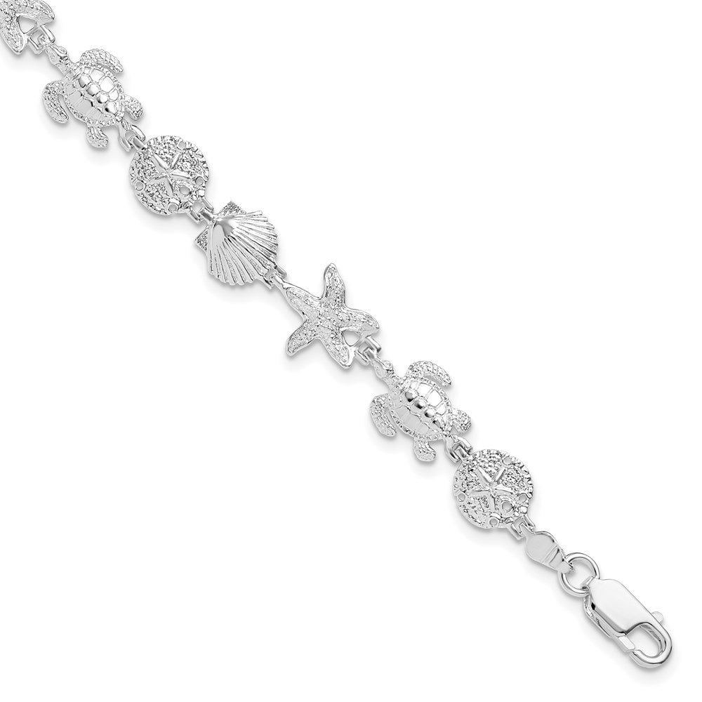 Million Charms 925 Sterling Silver Turtle, Sand Dollar, Shell & Starfish Charm Bracelet, 7.25" Length, High Polish & Texture