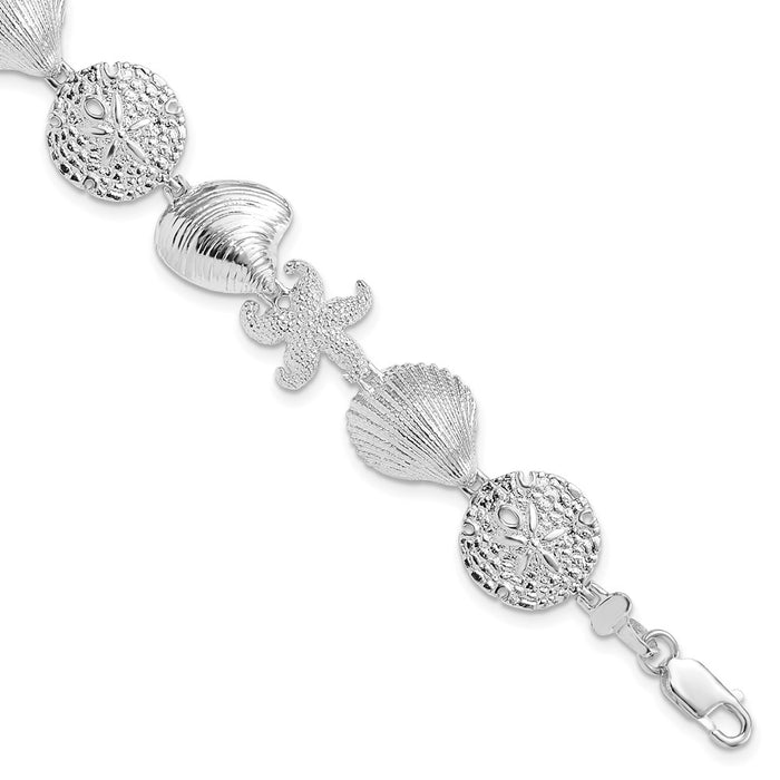 Million Charms 925 Sterling Silver Starfish, Shell, Starfish & Clam Combination Charm Link Bracelet, 7.25" Length
