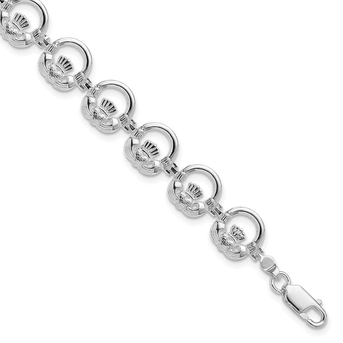 Million Charms 925 Sterling Silver Claddagh Circle Horizontal Charm Link Bracelet, 7.25" Length