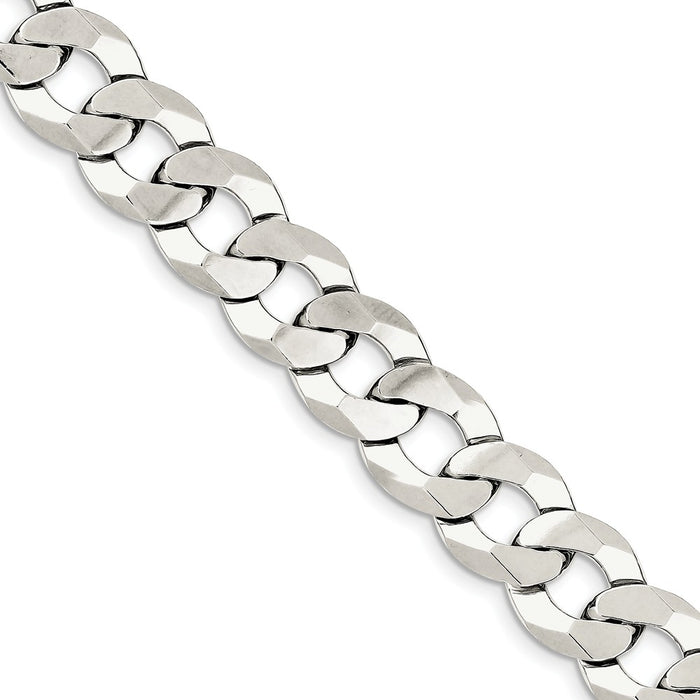 Million Charms 925 Sterling Silver 14mm Close Link Flat Curb Chain, Chain Length: 9 inches