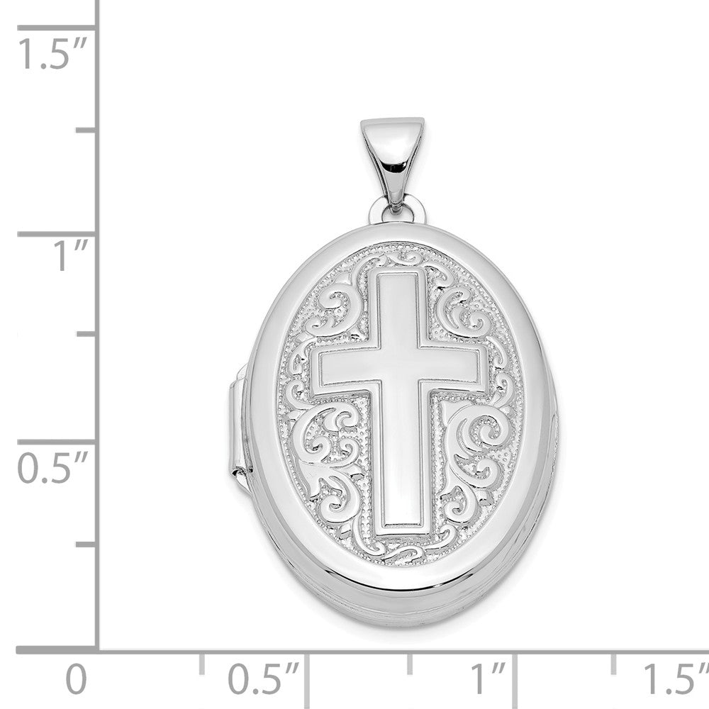 Million Charms 925 Sterling Silver Rhodium-Plated Oval Relgious Cross Locket