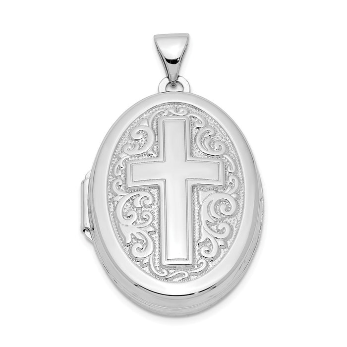 Million Charms 925 Sterling Silver Rhodium-Plated Oval Relgious Cross Locket
