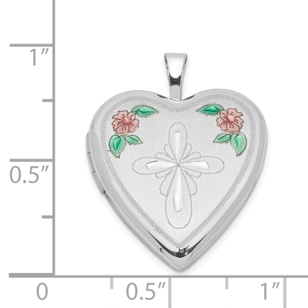 Million Charms 925 Sterling Silver Rhodium-Plated 20Mm Enameled Flower, Relgious Cross Heart Locket