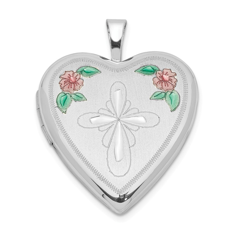 Million Charms 925 Sterling Silver Rhodium-Plated 20Mm Enameled Flower, Relgious Cross Heart Locket
