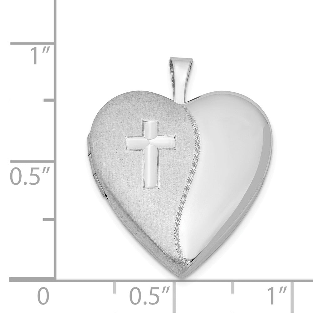 Million Charms 925 Sterling Silver Rhodium-Plated 20Mm Relgious Cross Satin/Polished Heart Locket