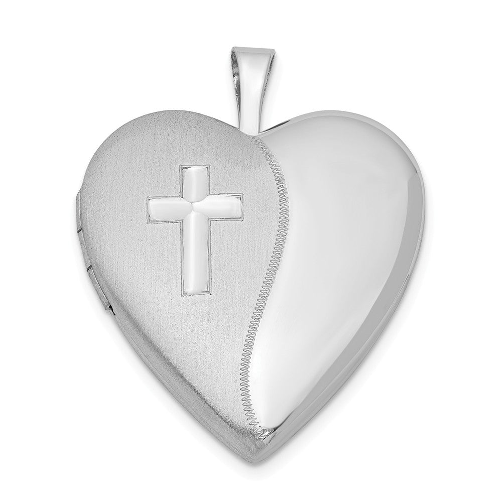 Million Charms 925 Sterling Silver Rhodium-Plated 20Mm Relgious Cross Satin/Polished Heart Locket