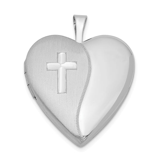 Million Charms 925 Sterling Silver Rhodium-Plated 20Mm Relgious Cross Satin/Polished Heart Locket