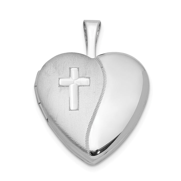 Million Charms 925 Sterling Silver Rhodium-Plated 16Mm Diamond-Cut Relgious Cross Heart Locket