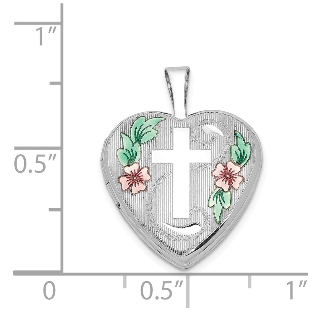 Million Charms 925 Sterling Silver Rhodium-Plated 16Mm Diamond-Cut & Enameled Relgious Cross & Flowers Heart Lo
