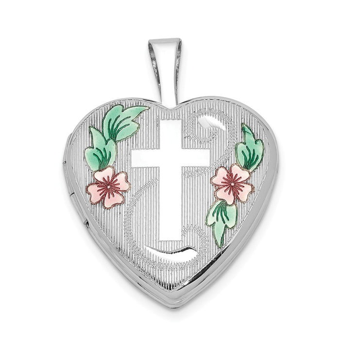 Million Charms 925 Sterling Silver Rhodium-Plated 16Mm Diamond-Cut & Enameled Relgious Cross & Flowers Heart Lo